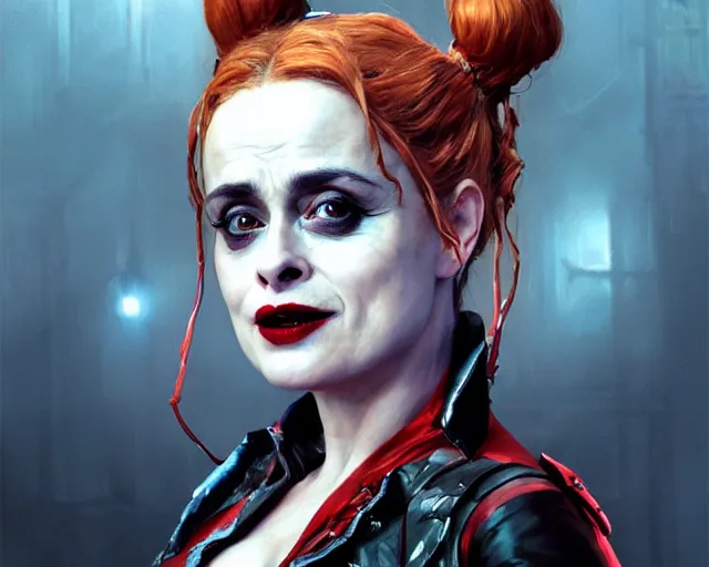 Image similar to highly detailed portrait of helena bonham carter as harley quinn, in batman : arkham knight, stephen bliss, unreal engine, fantasy art by greg rutkowski, loish, rhads, ferdinand knab, makoto shinkai and lois van baarle, ilya kuvshinov, rossdraws, tom bagshaw, global illumination, radiant light, detailed and intricate environment