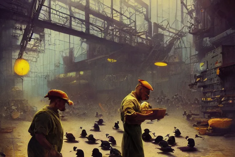 Prompt: A mixed media painting of a duck worker in front of an assembly line with babies on it, by Frank Frazetta, Greg Rutkowski, Beeple, post-processing, low angle, masterpiece, cinematic, isometric, volumetric lighting