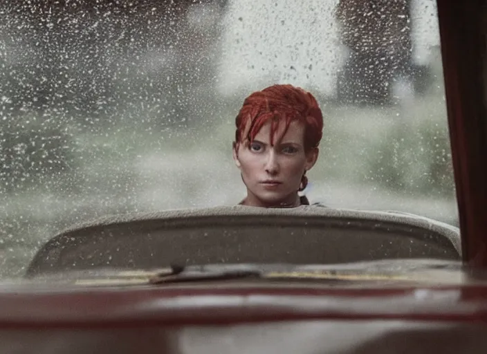 Image similar to A very high resolution image from a new movie, inside of a car, teen red hair woman, raining, hot, directed by wes anderson