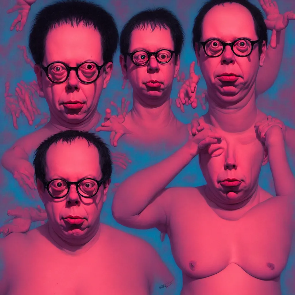 Image similar to weird and disturbing portrait of todd solondz, full body, thong, wide open eyes. vivid colors, neon, art by ( ( ( kuvshinov ilya ) ) ) and wayne barlowe and francis bacon and artgerm and wlop and william - adolphe bouguereau