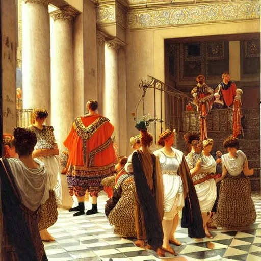 Prompt: potsdam giants parade around the kings room. by herbert james draper, sir lawrence alma - tadema. highly detailed intricate oil painting.