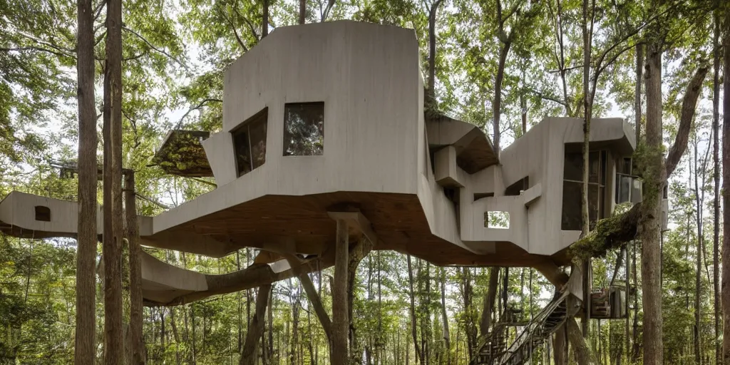 Prompt: sustainable treehouse brutalist architecture