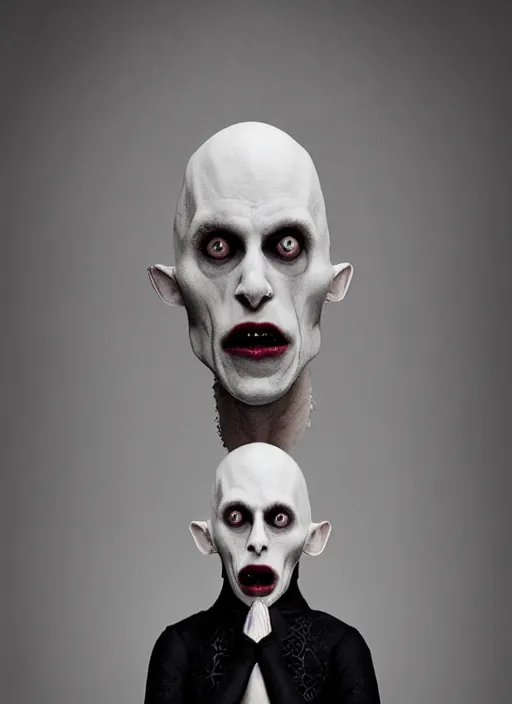 Prompt: a portrait of nosferatu by erwin olaf and nekro borja, photorealistic, intricate details, hyper realistic, dark fantasy, rococo onyx headpiece, crystals, photorealistic, canon r 3, photography, symmetrical features, symmetrical pose, wide angle shot, head to toe, standing pose, feet on the ground