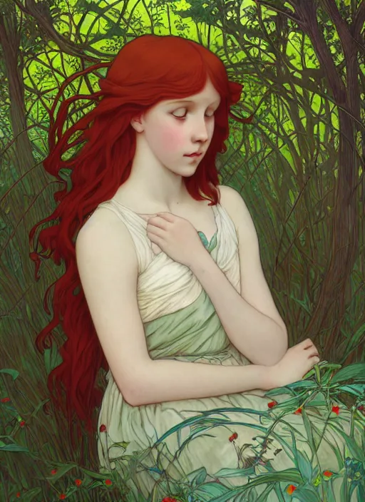 Image similar to pretty young woman resembling millie bobby brown with long red hair asleep in the forest, path traced, highly detailed, high quality, digital painting, by studio ghibli and alphonse mucha, leesha hannigan, hidari, art nouveau, chiho aoshima, jules bastien - lepage