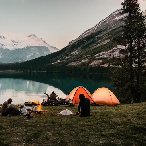 Prompt: people camping on a lake