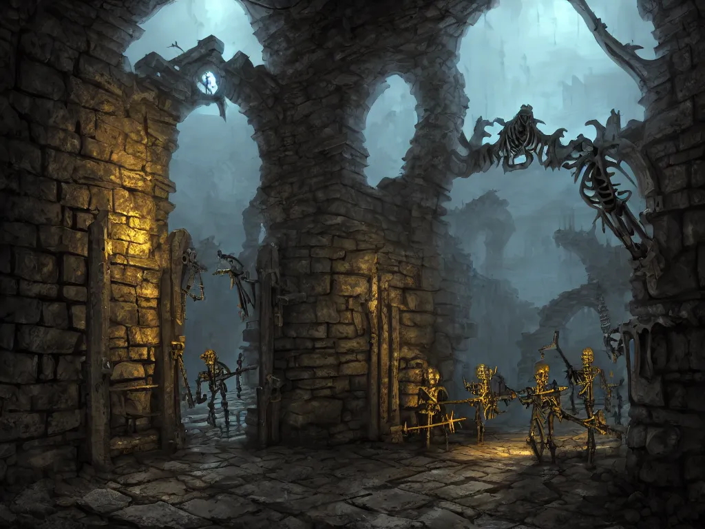 Prompt: a dungeon gate with two skeleton guards holding assault rifles, artstation, volumetric light, high detail, reflections, perfect, concept art, hdr, 4 k