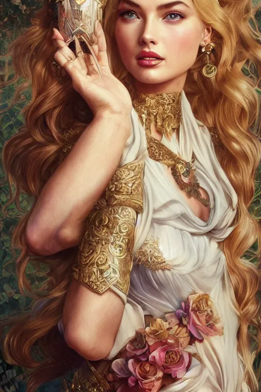 Image similar to ultra realistic illustration, a stunningly beautiful greek goddess of chaos played by dove cameron and margot robbie and taylor swift and megan fox, intricate, elegant, highly detailed, digital painting, artstation, concept art, smooth, sharp focus, illustration, art by artgerm and greg rutkowski and alphonse mucha