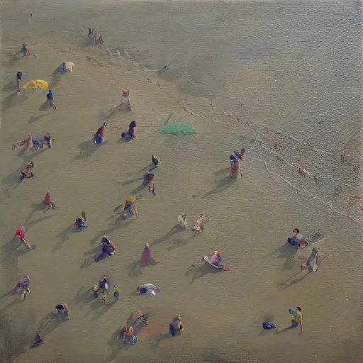 Image similar to a birdseye painting by Sally West of sparse people on a beach from high above, featured on tumblr, action painting, oil on canvas, painterly