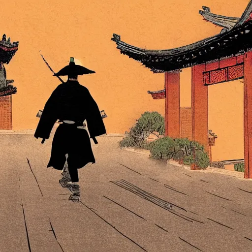 Prompt: feudal samurai, ronin, impressionist style, wandering, city, old china, walking in street, frank miller style,