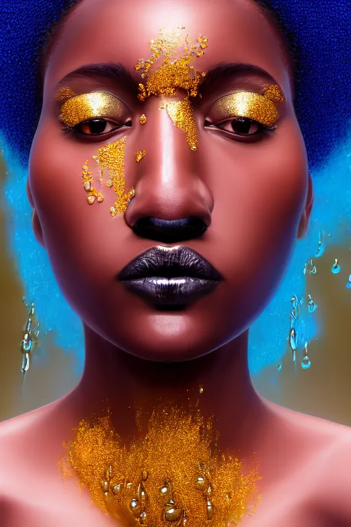 Prompt: hyperrealistic precisionist cinematic profile very expressive! black oshun goddess, in water! up to shoulders, mirror dripping droplet!, gold flowers, highly detailed face, digital art masterpiece, smooth eric zener cam de leon, dramatic pearlescent turquoise light on one side, wide shot low angle uhd 8 k, tilt shift