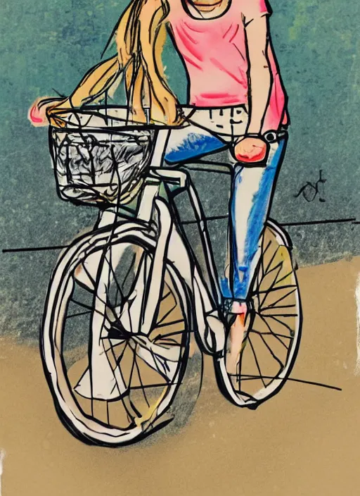 Image similar to drawing of a atlanta urban outfitters style riding a bike going to the beach