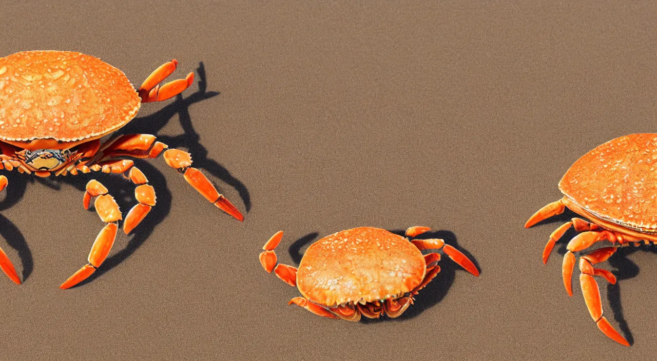 Prompt: a realistic image of a crab with a pancake on it's head, ultra high detail, the crab is on sand on a beach with ocean in the background, 8 k.