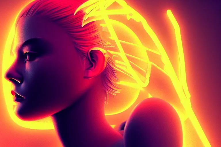 Image similar to photo of goddes (of war) in (((neon lighting)) DISPACEMENTS Displacements, elegant, highly detailed, smooth, sharp focus, illustration, beautiful, geometric, trending on artstation, cinematic, artwork by WLOP