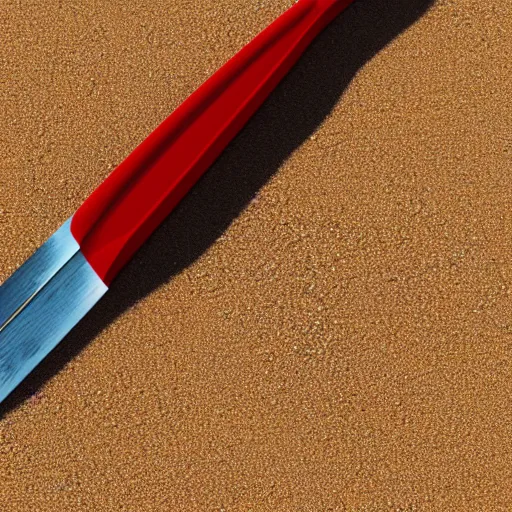 Image similar to a closeup photorealistic photograph of a red knife on the beach halfway covered with sand, fantastic four theme. bright scene. fine detail. this 4 k hd image is trending on artstation, featured on behance, well - rendered, extra crisp, features intricate detail, epic composition and the style of unreal engine.