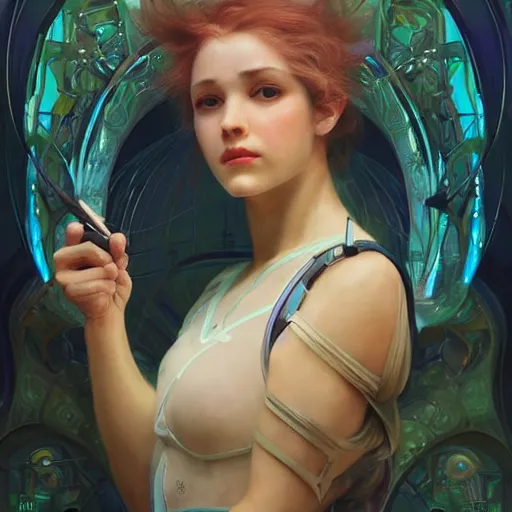 Prompt: a glass women dressed like gyver bioarmor biopunk neon lights. masterpiece 4k digital illustration by Ruan Jia and Mandy Jurgens and Artgerm and william-adolphe bouguereau, award winning, Artstation, art nouveau aesthetic, Alphonse Mucha background, intricate details, realistic, panoramic view, Hyperdetailed, 8k resolution, intricate art nouveau