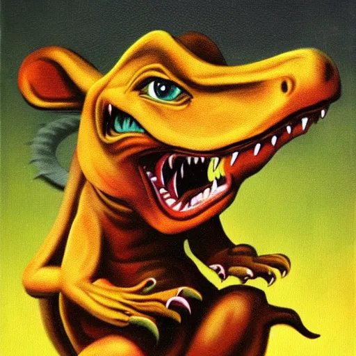 Image similar to dinosaur mouse, scary pose, retro painting