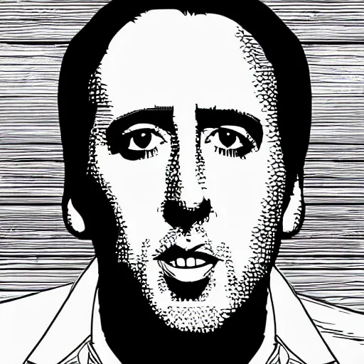 Image similar to a simplified black and white vector based illustration of Nicholas Cage, created in Adobe illustrator, black ink shading on white background, smooth vector curves, vinyl cut ready