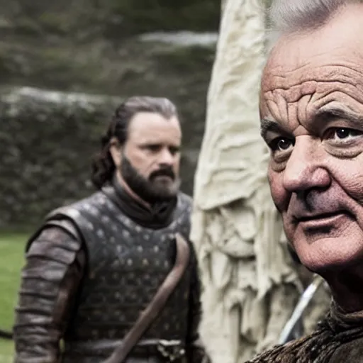 Prompt: bill murray playing a role in game of thrones, movie still, promotional shot