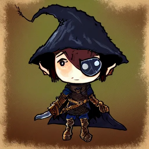 Image similar to cute tiny goblin girl wearing hunter armor from Bloodborne and a wizard hat, geeen skin, d&d, chibi