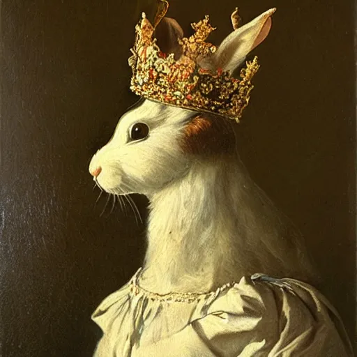 Prompt: a rabbit wearing a crown dressed as a queen, 19th century oil painting