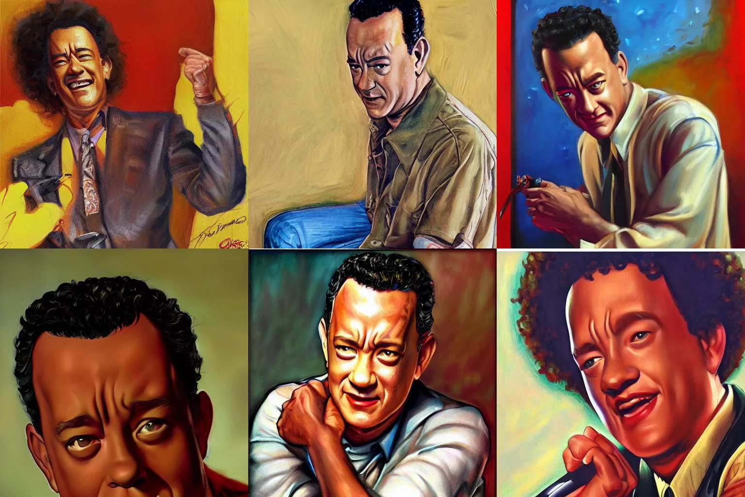 Prompt: Award winning image titled Tom Hanks by Ernie Barnes melanin, scene, expressionism trending on artstation