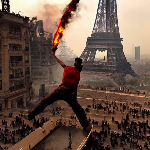 Image similar to A Guy standing a top of Eiffel tower, Zombie apocalypse, Zombie everywhere, Fire everywhere, Building destroyed, People screaming, Horde of zombies,