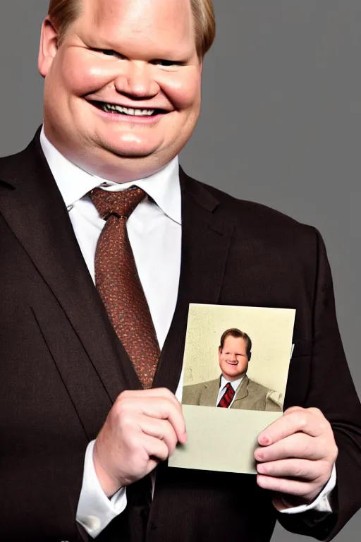 Image similar to andy richter wearing a brown suit and necktie, ultra hd photo, 3 5 mm close up, fish eye, realistic, smiling, holding a postcard from chicago,