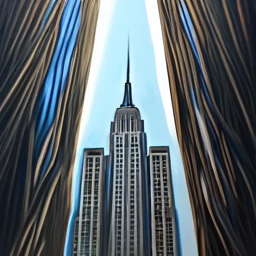 Prompt: an hyper - realist oil painting of water flowing from windows, the empire state building's windows, from below, wide angle, new york background, detailled, sharp focus, realistic, trending on artstation, cg society, 8 k, unreal