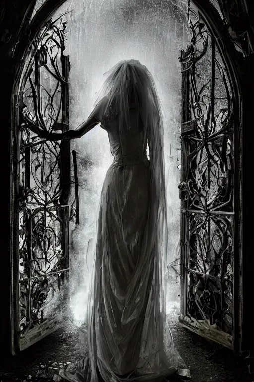 Prompt: a zombie bride with flowing dress and veil at the ornate gate of a decrepit house, night, mist, smoke, scary, spooky, dramatic lighting, moody, style of stephen jones, bernie wrightson, derek riggs, virgil finlay, fantasy, horror, octane render 8 k