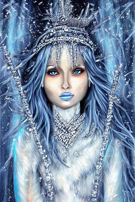 Image similar to an ice queen covered in ice crystals in the style of andrei martin, highly detailed,