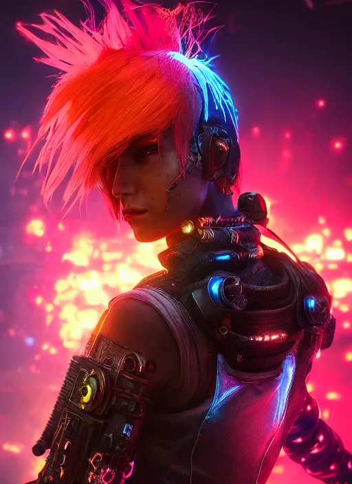 Image similar to Cyberpunk warrior with flaming hair, light atmosphere, neon, cinematic shot, intricate, ornate, photorealistic, ultra detailed, realistic, 100mm, photography, octane, high definition, depth of field, bokeh, 8k, artstation