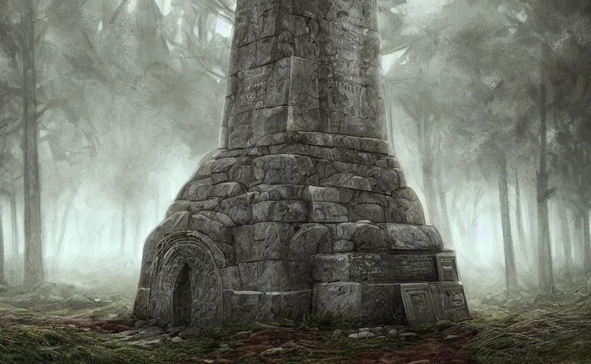 Prompt: old stone tomb, fir forest, rain, fog, megaliths, highly detailed, digital painting, architecture, artstation, concept art, sharp focus, illustration