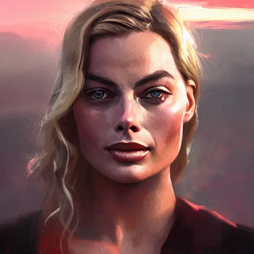 Image similar to closeup portrait of margot robbie, dramatic lighting, city background, sunset, chiaroscuro, high detail, painted by greg rutkowski, painted by igor kieryluk, painted by bobby chiu, trending on artstation