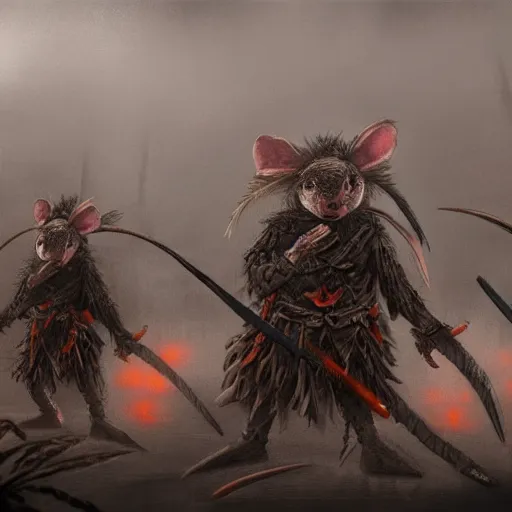 Prompt: a row of soldiers in the mist, dense fog ashigaru aztec mice with feather plumes, dramatic cinematic lighting, menacing, detailed concept painting trending on art station, by brian froud, by deak ferrand, grey, blue, orange-red