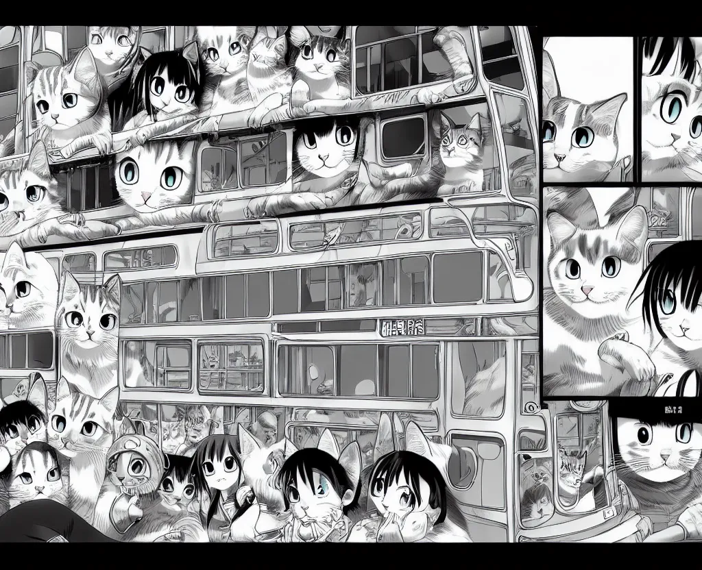 Image similar to Cat transformed into a bus, in the style of Manga, Eichiro Oda, hyper detailed, UHD, 8K details