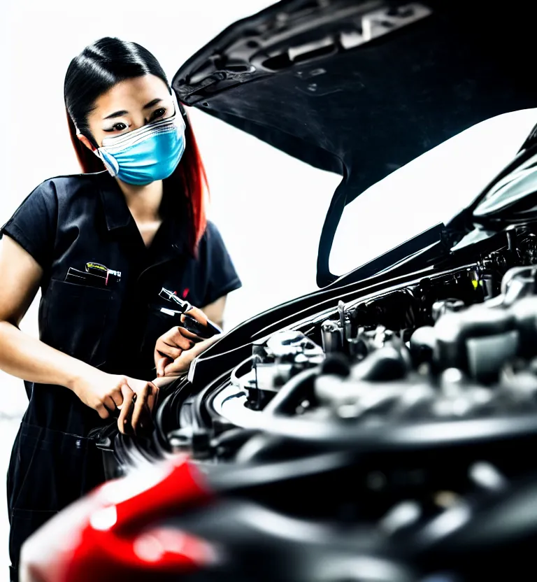 Prompt: a photo close up a female mechanic tuning the engine of a jdm supercar, wearing mask, japanese tuning garage, gunma prefecture, midnight, photorealistic, cinematic color, studio lighting, highly detailed, bokeh, style by tomino - sama