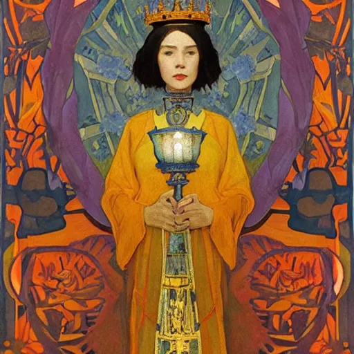 Image similar to queen of the dawn with her lantern and regalia, by Annie Swynnerton!! and Nicholas Roerich! and ((((((Diego Rivera)))))), embroidered robes, floral tattoos, bioluminescent skin!, elaborate costume, geometric ornament, symbolist, soft colors, dramatic lighting, smooth, sharp focus, extremely detailed