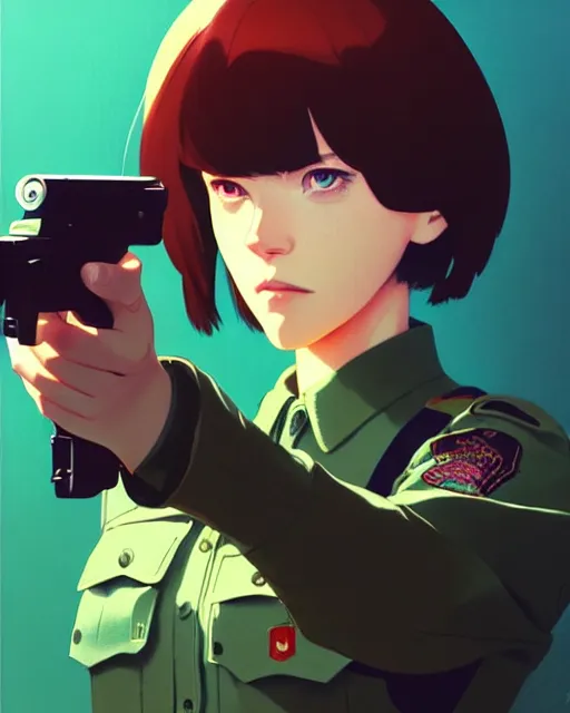 Image similar to girl wearing uniform, holding gun | | audrey plaza, fine detail!! anime!! realistic shaded lighting!! dramatic!! poster by ilya kuvshinov katsuhiro otomo ghost - in - the - shell, magali villeneuve, artgerm, jeremy lipkin and michael garmash and rob rey