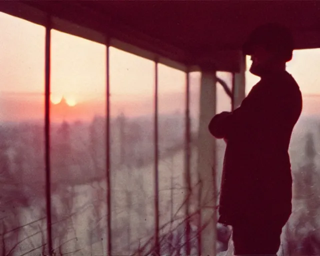 Image similar to lomographic tarkovsky film still of 4 0 years russian man with beard and sweater standing on small hrushevka 9 th floor balcony in taiga looking at sunset, perfect faces, cinestill, bokeh