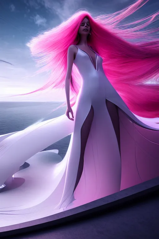 Prompt: a futuristic scene with an long pink haired beautiful thin woman in a white flowing futuristic dress, in front of a zaha hadid building, cinematic matte painting, extreme detail photo quality, dark moody colors, featured on behance