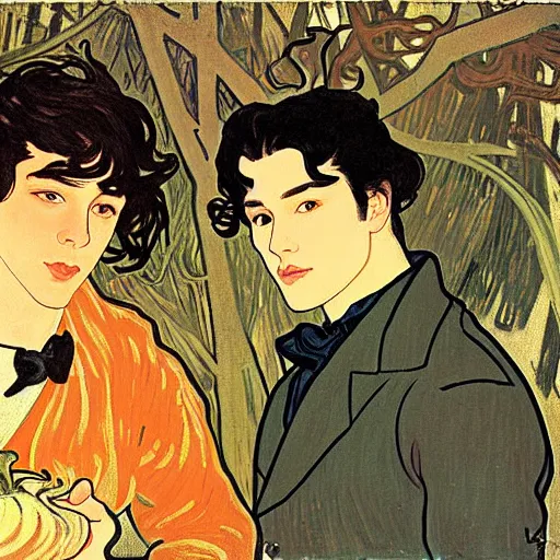 Image similar to painting of young cute handsome beautiful dark medium wavy hair man in his 2 0 s named shadow taehyung and cute handsome beautiful min - jun together at the halloween! party, bubbling cauldron!, candles!, smoke, autumn! colors, elegant, wearing suits!, delicate facial features, art by alphonse mucha, vincent van gogh, egon schiele