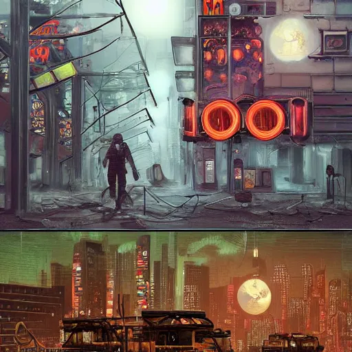 Image similar to digital art, trending on artstation, a post apocalyptic world ruled by rusty machines under a full moon in a gigantic city full of neon lights and machines acting like humans, these being the vast majority of the population.