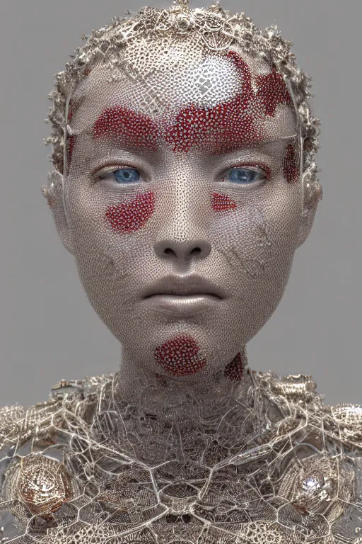 Image similar to Cinestill of a melancholic realistic 8k Sculpture of a complex robotic human face, liquid simulation, dramatic lighting, silver gold red details, hexagonal mesh wire, filigree intricate details, cinematic, fleshy musculature, white blossoms, elegant, octane render, 8k post-processing, by Yoshitaka Amano, Daytoner, Greg Tocchini