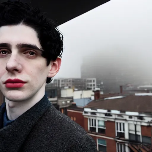 Image similar to un ultra high definition studio quality photograph portrait of a pale young man with black hair standing on the rooftop of an apartment building in cardiff wearing eclectic clothes looking away from the camera. wide angle. morning. art directed. clear. fog. three point light. extremely detailed. golden hour, golden ratio, ray tracing, volumetric light, shallow depth of field.