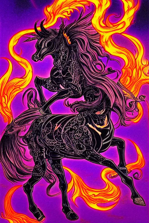 Image similar to illustration of fiery horse demon, black and purple flames, flaming eyes, horse, intricate linework, in the style of moebius, ayami kojima, 1 9 9 0's anime, retro fantasy