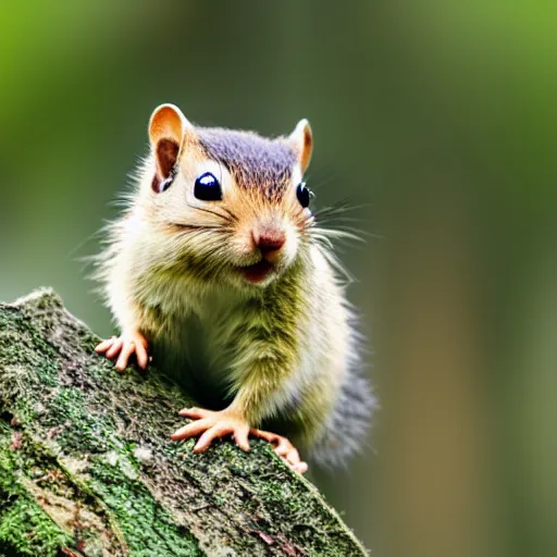 Image similar to very very very very cute chibi baby chipmunk, portrait, pixar style, forest background, cinematic lighting, award winning creature portrait photography