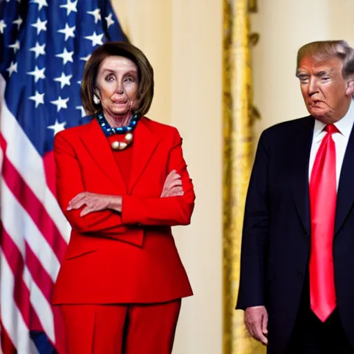 Prompt: Pelosi and Trump wore Chinese military uniforms and saluted under the Chinese flag.