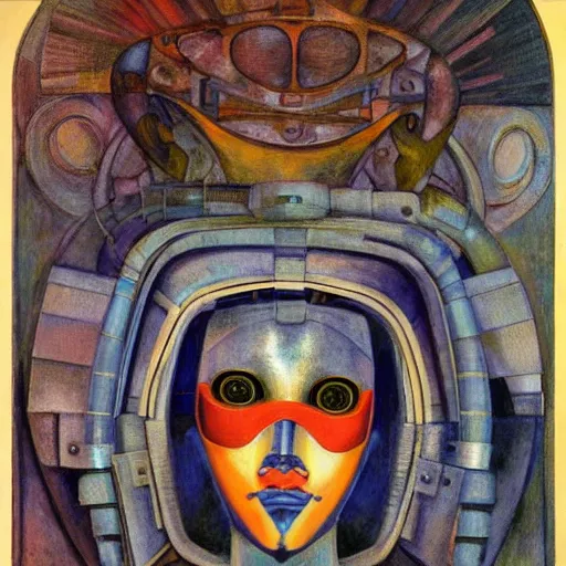 Image similar to the robot in her mechanical mask, by annie swynnerton and diego rivera and leo and diane dillon and and kit williams, symbolist, dramatic lighting, elaborate geometric ornament, art brut, god rays, soft cool colors, smooth, sharp focus, extremely detailed, adolf wolfli