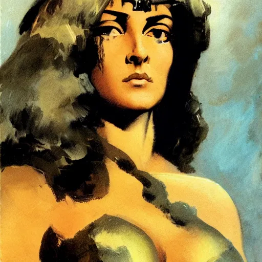 Image similar to a close up portrait of amazon, by frank frazetta, digital painting masterpiece, beautiful brush strokes, advanced lighting technology, symmetry