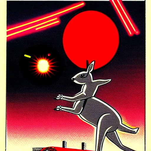 Prompt: Kangaroo runs away from a flying robot orb with red lasers in a futuristic prison by Kazuo Umezu, ultra high detailed